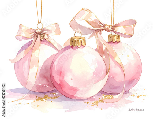 Soft Watercolor Christmas Baubles in Blush Pink with Golden Ribbon Accents, Artistic Composition, Isolated PNG. And transparent the background.