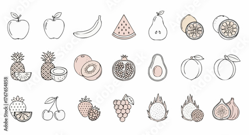 Illustration of various fruits including apples bananas pineapples and other tropical fruits in line art