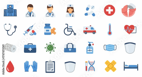 Illustration showing various medical related icons including doctors, hospital, and medical supplies icons