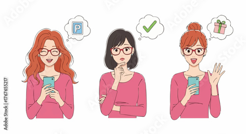Three cartoon women with glasses holding smartphones and thinking about different things in thought bubbles