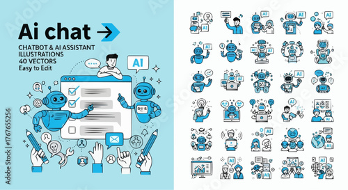 Illustration of ai chatbots and assistants with various icons and people interacting with technology