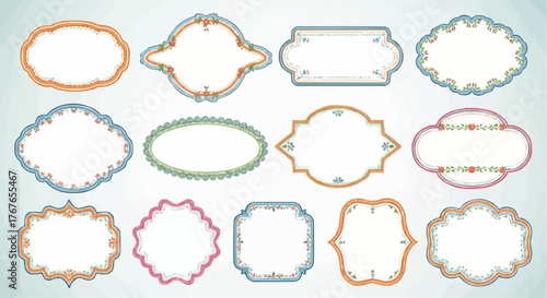 Collection of twelve vintage style label frames with floral decorations and various shapes and colors