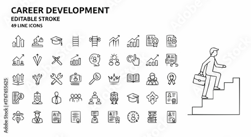 Collection of career development line icons showing growth, skill improvement, and professional advancement