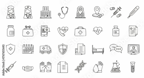 Illustration of medical icons including nurses, hospital, and various medical supplies and equipment
