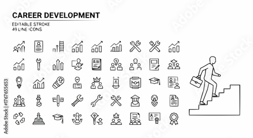 Illustration of career development icons featuring growth charts tools and a person climbing stairs to success