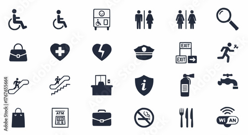 Collection of public service and safety icons including accessibility and emergency symbols signs and more