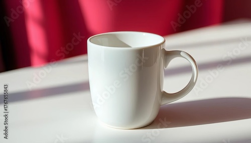 A pristine white ceramic coffee cup, smooth surface, slight shadow,  close up,  kitchen