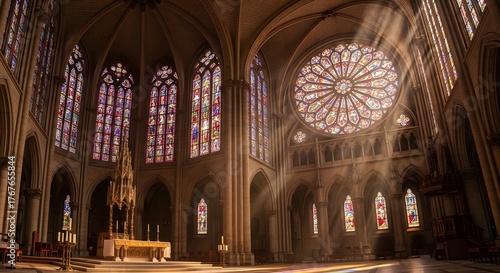 Sunlight streams through the stained glass windows of chartres cathedral