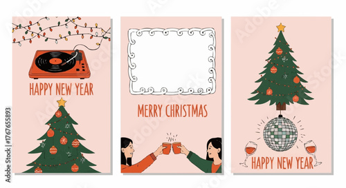 Three holiday themed cards featuring a record player, people toasting, christmas tree and disco ball