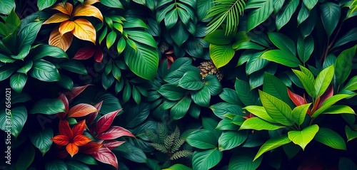 Lush, vibrant tropical foliage backdrop with various green leaves,  plants,  palm leaves