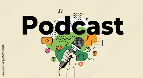 Illustration of a hand holding a microphone with the word podcast above and doodles around it