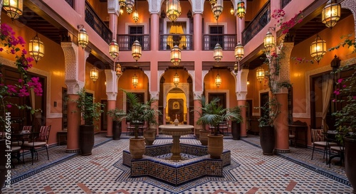 Beautiful riad courtyard with fountain and lanterns in marrakesh, morocco