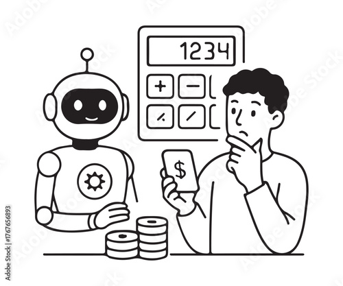Is AI taking over finance? Man ponders his budget with robot and calculator, a modern take on technology disrupting personal finances for financial planning