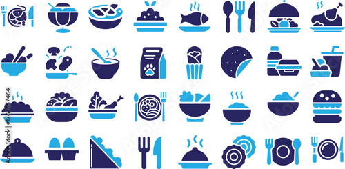 Set of Vector Food, Cooking, and Restaurant Icons: Meals, Fine Dining, Delivery, and Fast Food Symbols