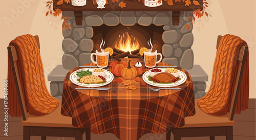 Thanksgiving table for two by cozy fireplace illustration