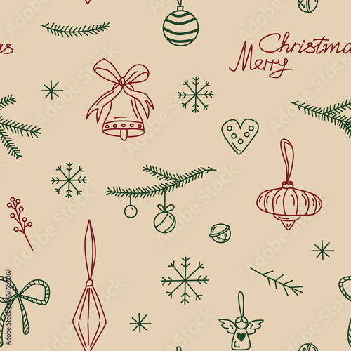 Merry Christmas seamless pattern with cute and whimsical doodle holiday elements. Vector illustration spruce branches, snowflakes, bell, decorative ball and angle on beige background.