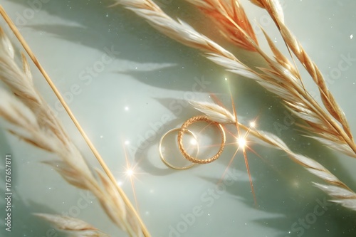 Gold Wedding Rings on Pastel Background with Dried Grass and Ethereal Sparkles