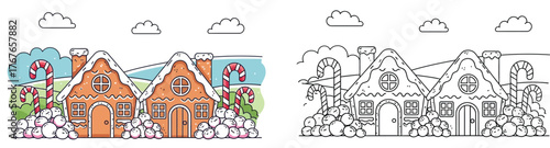 Charming Cartoon Gingerbread Village with Candy Canes and Snowballs - Festive Winter Landscape Vector Illustration