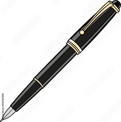 An illustration of a hand holding a classic fountain pen and writing a line. Vector art concept for signature, calligraphy, and education.
