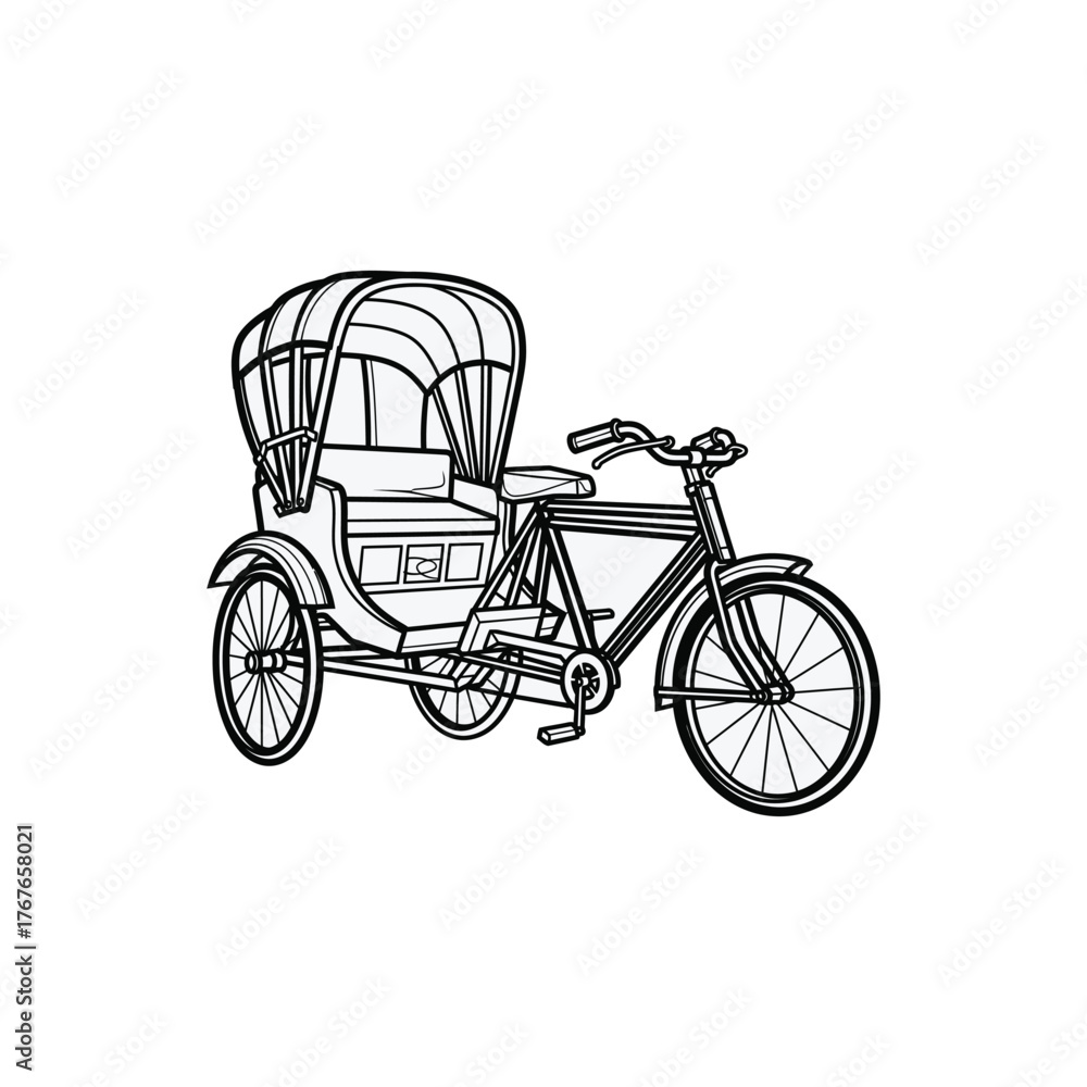 Fototapeta premium Hand-Pulled Rickshaw Illustration transportation vehicle carriage travel traditional vintage retro drawing line art black and white
