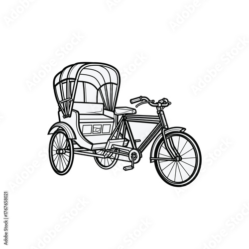 Hand-Pulled Rickshaw Illustration transportation vehicle carriage travel traditional vintage retro drawing line art black and white