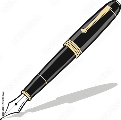 An illustration of a hand holding a classic fountain pen and writing a line. Vector art concept for signature, calligraphy, and education.