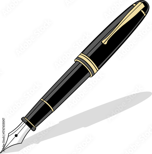 An illustration of a hand holding a classic fountain pen and writing a line. Vector art concept for signature, calligraphy, and education.
