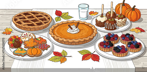 Thanksgiving dessert table with pies and caramel apples