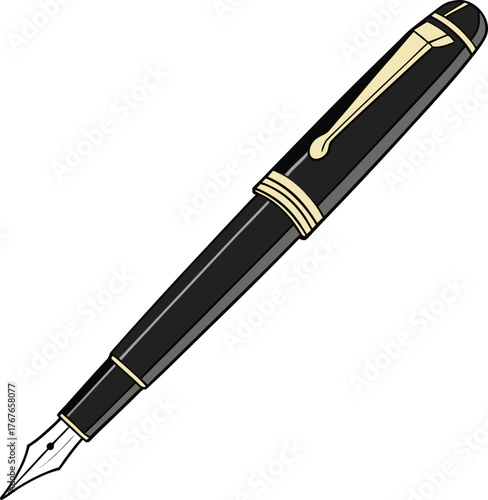 An illustration of a hand holding a classic fountain pen and writing a line. Vector art concept for signature, calligraphy, and education.