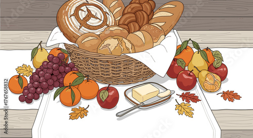 Farmhouse Thanksgiving table with bread and fruits on wood texture