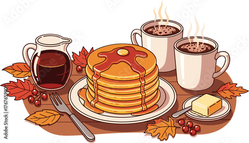 Thanksgiving breakfast with pumpkin pancakes on wood texture