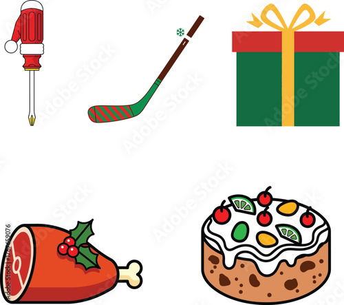 Collection of christmas holiday icons including a santa hat golf club gift box ham and festive cake