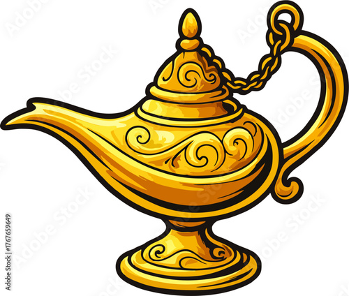 Ornate Golden Magic Lamp with Chain Vector Illustration – Classic Aladdin Fairy Tale Lamp
