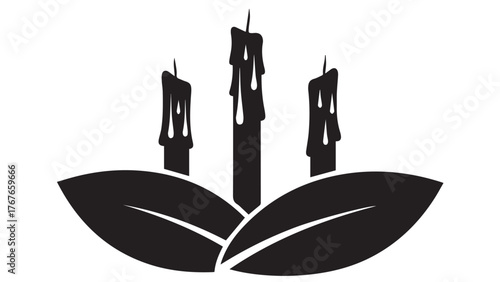 Candle Centerpiece with Three Candles and Leaf Base, Drip Cut-Outs, Clean Black Table Decor Icon for Cozy Thanksgiving Ambience and Seasonal Dining