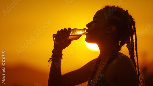 Silhouette of a young girl with dreadlocks in her hair, drinking straight from a bottle, sunset in the background, image with copyspace, girl on the right of the image