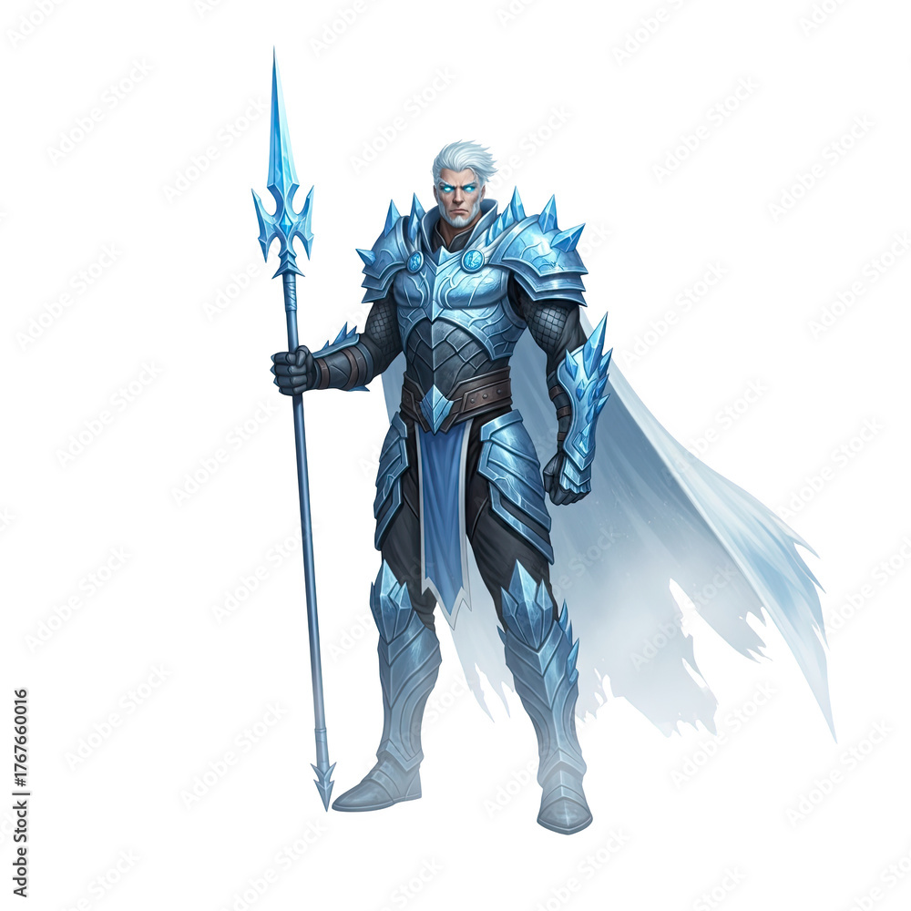 Obraz premium Epic Warrior King In Shining Armor Holding Spear And Flowing Cape Isolated On Transparent Background