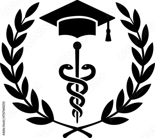 Logo for a brotherhood in health study, simple, with elements evoking health and study (caduceus and academic hat).