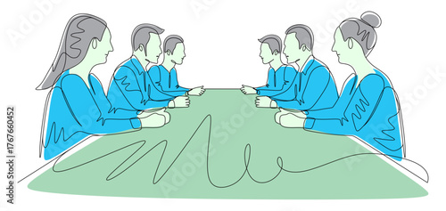 Continuous line art of a group of male and female workers having a meeting to discuss work. The concept of a compact work team. Vector illustration with attractive colors.