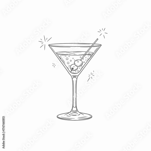 Classic Martini Cocktail Hand Drawn Sketch Illustration