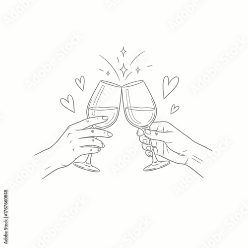 Hand drawn illustration of a celebratory wine toast
