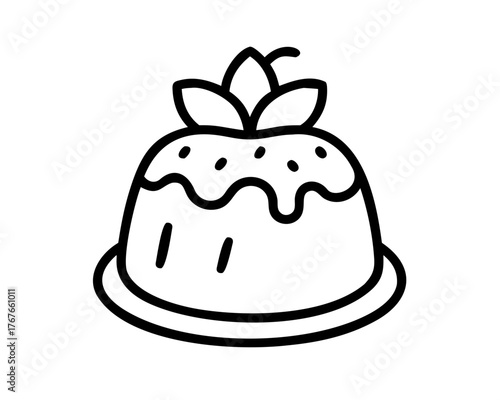 Simple dessert icon Black outline illustration of a pudding with a garnish on a plate