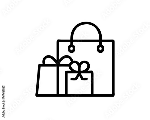 Sleek outline graphic featuring a shopping bag and two gift packages, symbolizing consumerism, gifting, and promotional offers for various design needs