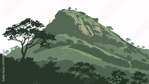 Stylized Mountain and Forest Landscape Vector. Scenic Nature Hillside View.