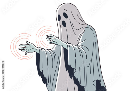 A ghostly figure extends its hands in a spooky, illustrated style. Bold, vibrant colors create a striking visual. Perfect for Halloween or spooky themes.
