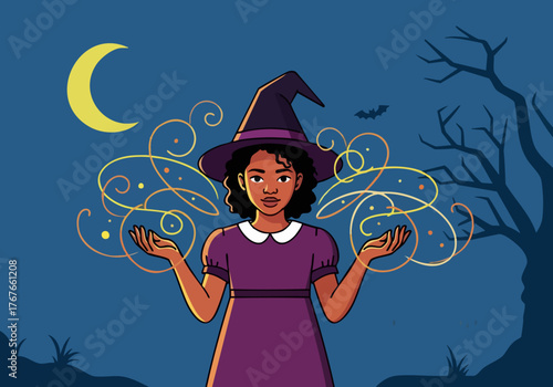 stylish witch casts a magical spell swirling golden energy  She wears a purple dress and witch hat set against a spooky moonlit background  Perfect for Halloween or fantasy themes