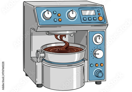 A stylized illustration of a modern chocolate tempering machine. Clean lines, blue and grey tones, and a detailed design create a visually appealing and professional image.