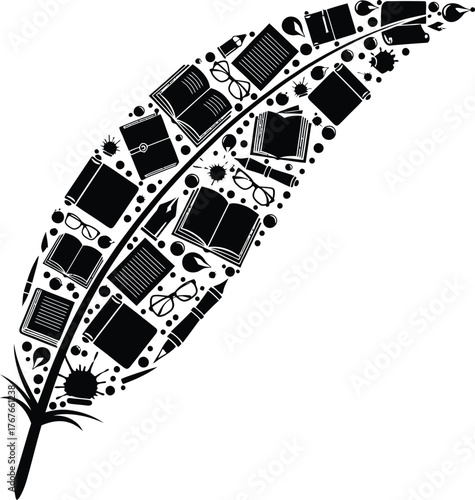 Black and white feather design filled with books glasses and writing implements for education and knowledge