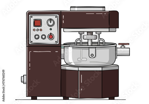 A stylized illustration of a tempering tech craft machine. Clean lines, modern design, and a muted teal background create a visually appealing and professional graphic.