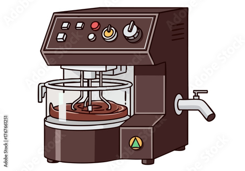 A stylized illustration of a 'Temper Tech Craft' chocolate tempering machine. Clean lines, modern design, and a pastel background create a visually appealing and commercially viable graphic.