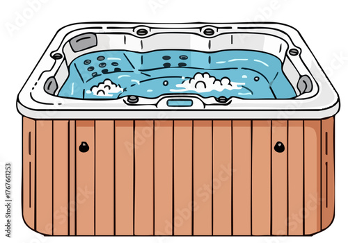 A stylized illustration of a wooden hot tub with bubbling water. Clean, modern design. Ideal for spa, wellness, or relaxation themes. Perfect for commercial use.